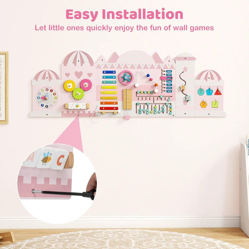 Activity Wall Busy Board Panels for Toddlers Wooden Sensory Board-Pink by DirectDeals