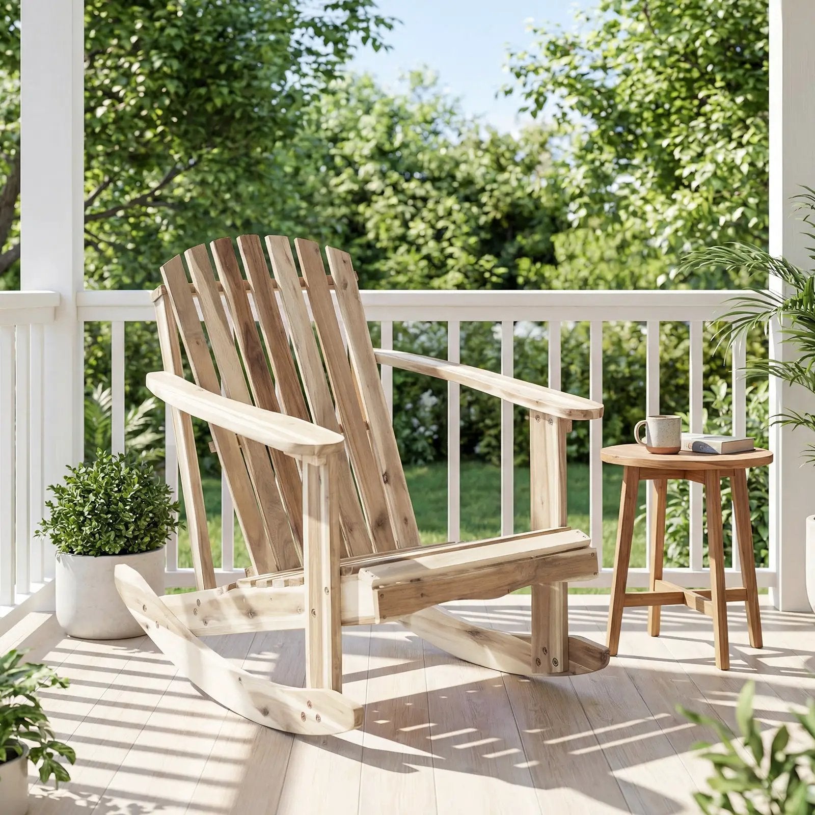 Adirondack Rocking Chair with Slatted Seat and High Fanned Back-Natural by DirectDeals