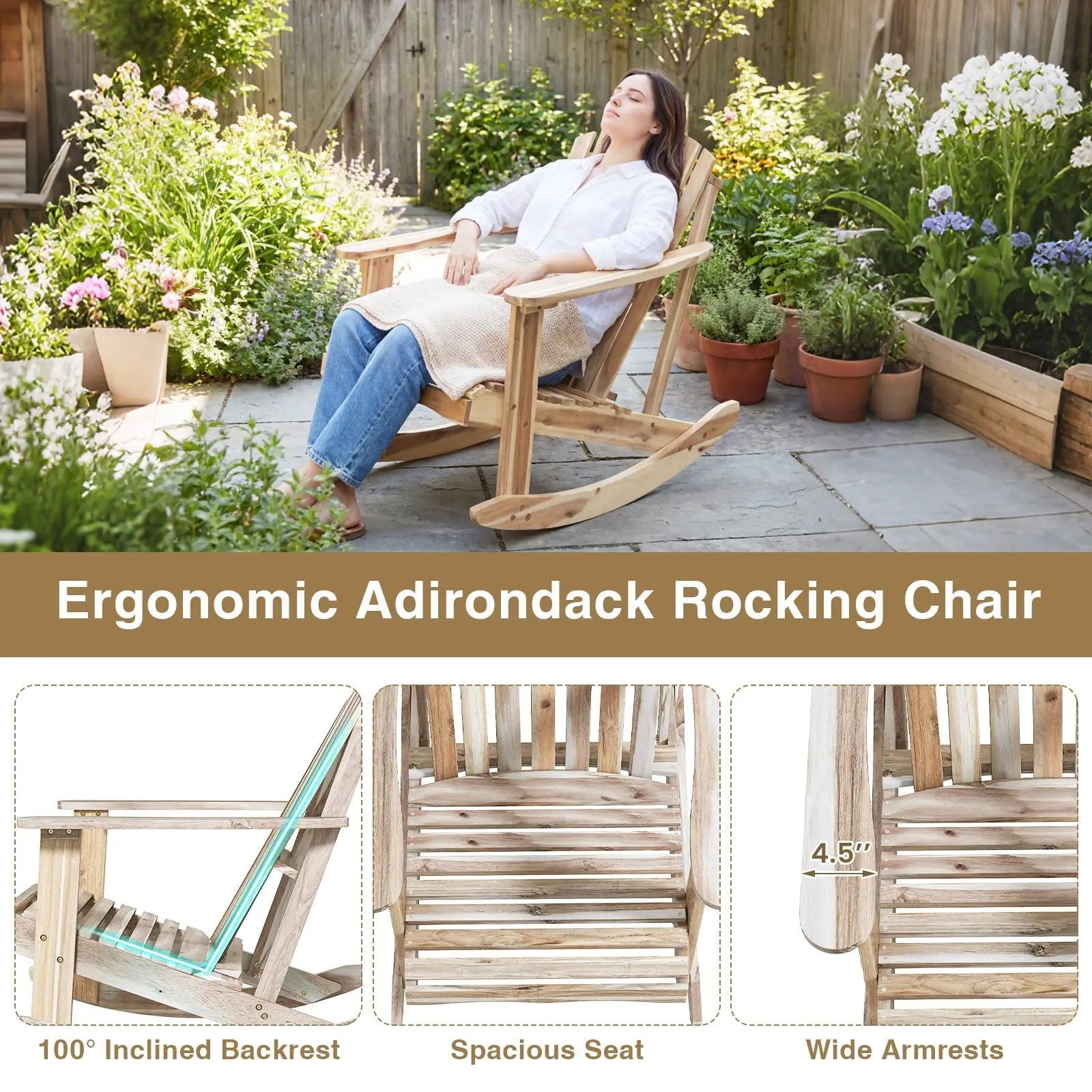 Adirondack Rocking Chair with Slatted Seat and High Fanned Back-Natural by DirectDeals