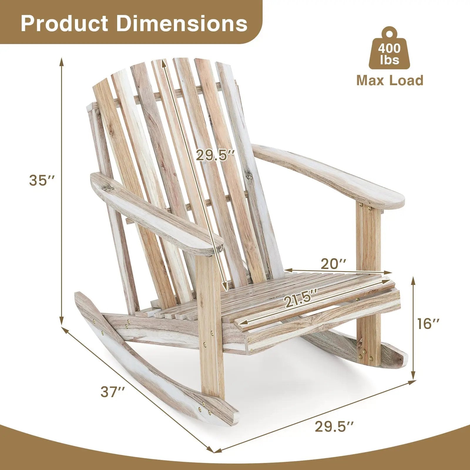 Adirondack Rocking Chair with Slatted Seat and High Fanned Back-Natural by DirectDeals