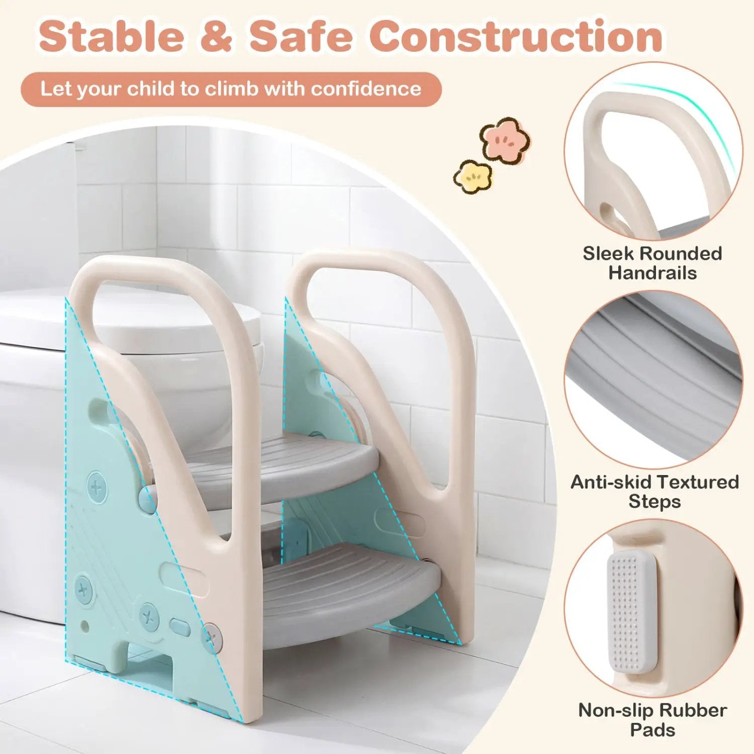 Adjustable 2-Step Kids Helper Stool with Safety Handles and Non-slip Pads for Bedroom by DirectDeals