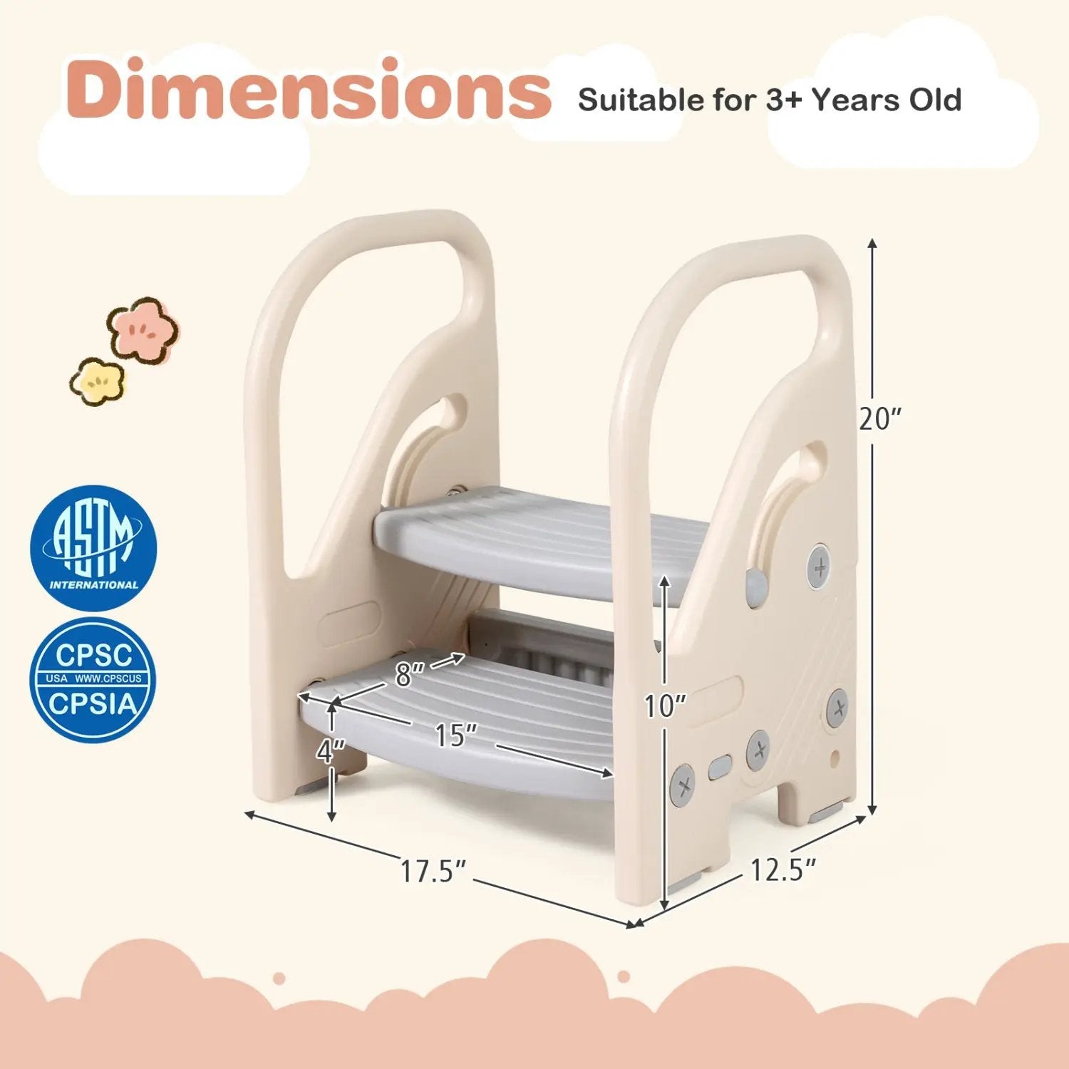 Adjustable 2-Step Kids Helper Stool with Safety Handles and Non-slip Pads for Bedroom by DirectDeals