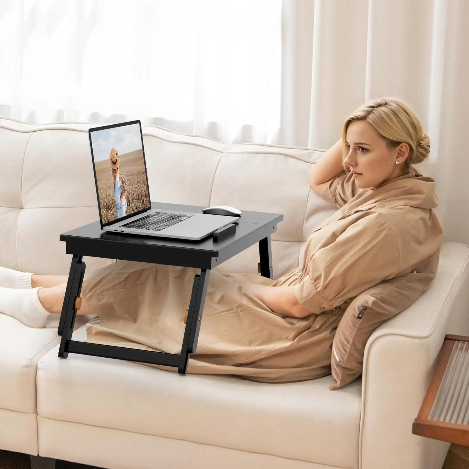 Bamboo Laptop Lap Tray with Adjustable Legs and Tilting Heat-dissipation Top by DirectDeals