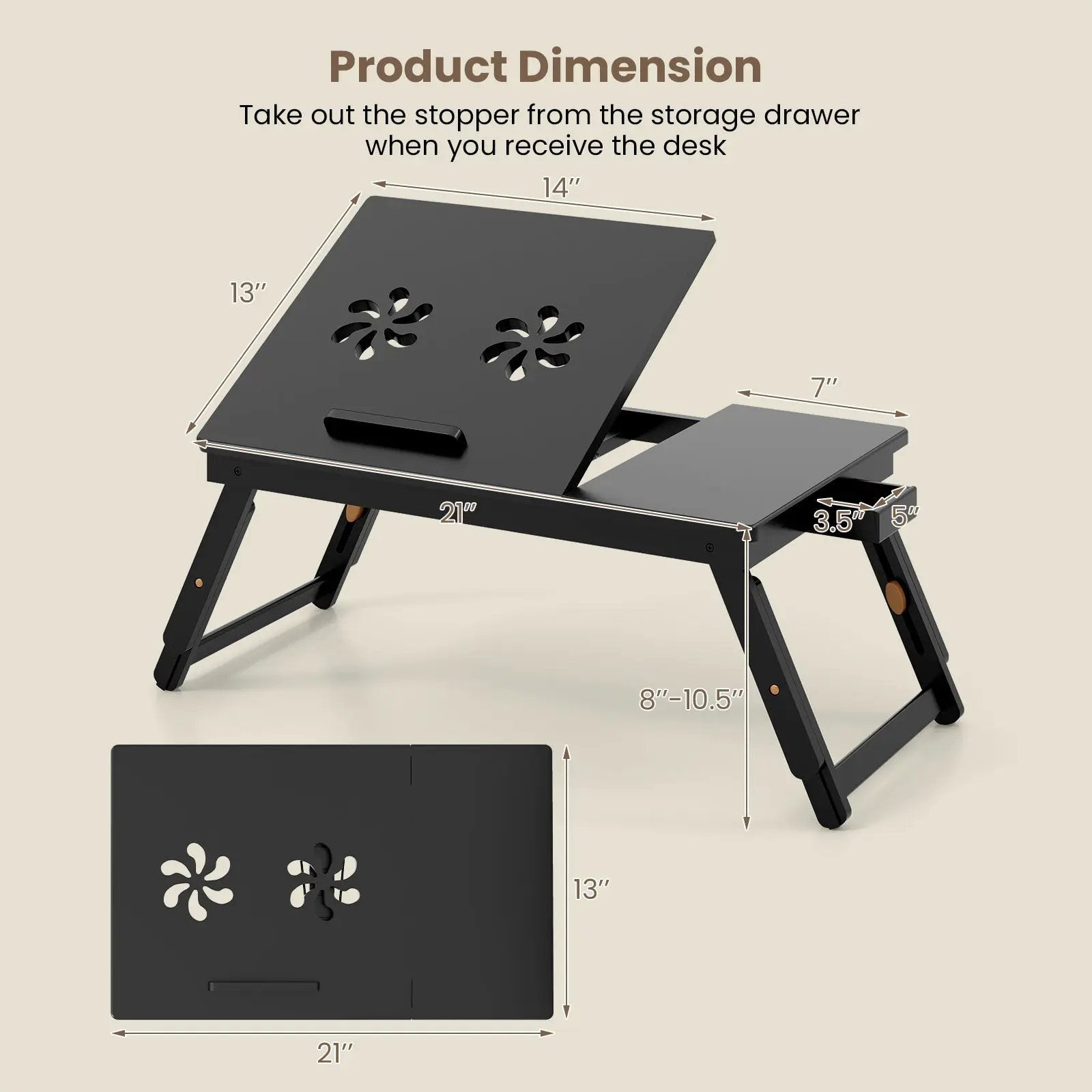 Bamboo Laptop Lap Tray with Adjustable Legs and Tilting Heat-dissipation Top by DirectDeals