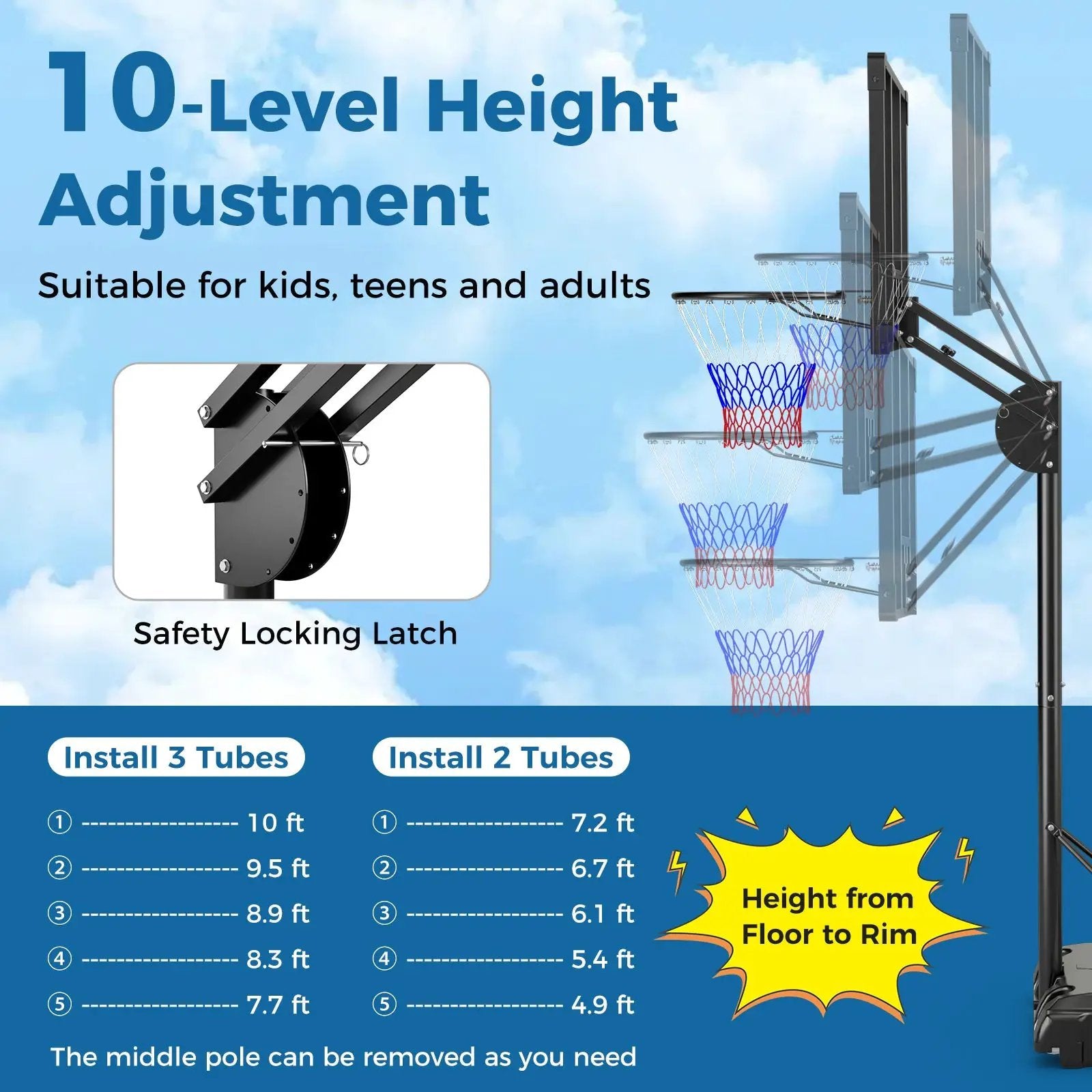4.9-10 Feet Adjustable Basketball Hoop with Shatterproof Backboard by DirectDeals