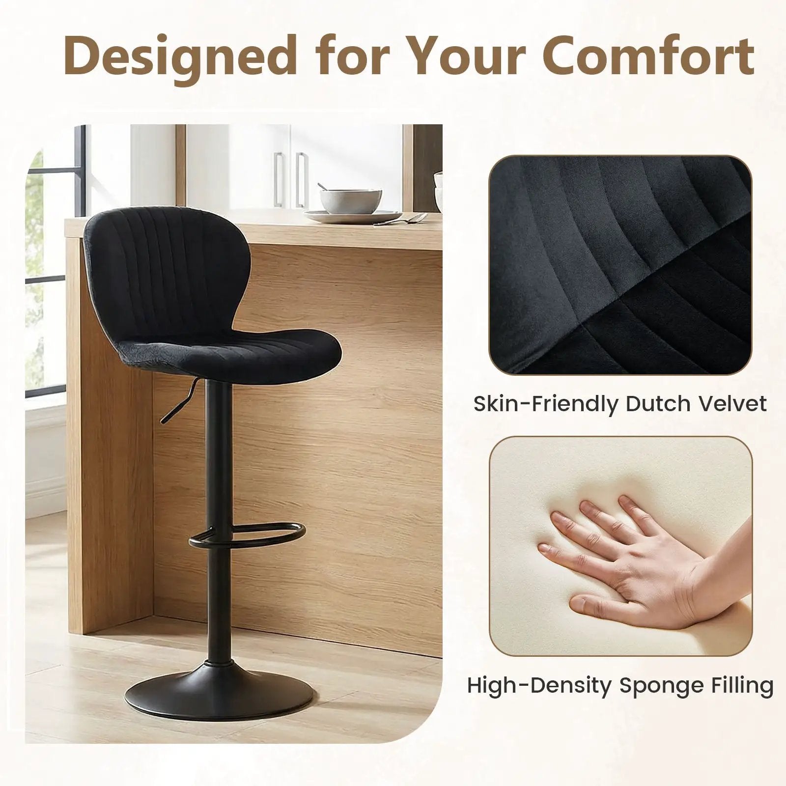 Adjustable Counter Height Chairs Set of 2 with Velvet Upholstered Backrests by DirectDeals