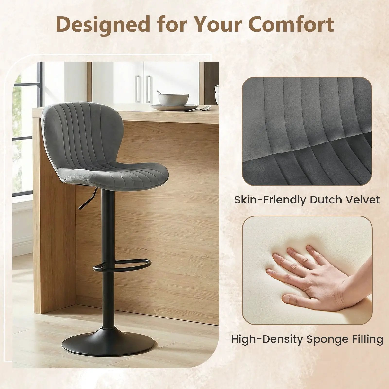 Adjustable Counter Height Chairs Set of 4 with Velvet Upholstered Backrests by DirectDeals