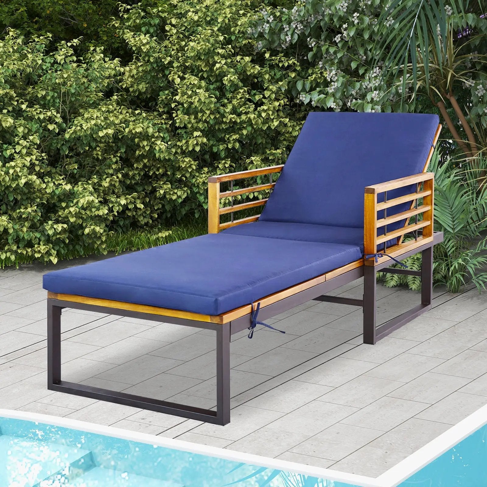Adjustable Cushioned Patio Chaise Lounge Chair with 4-Level Backrest-Navy by DirectDeals