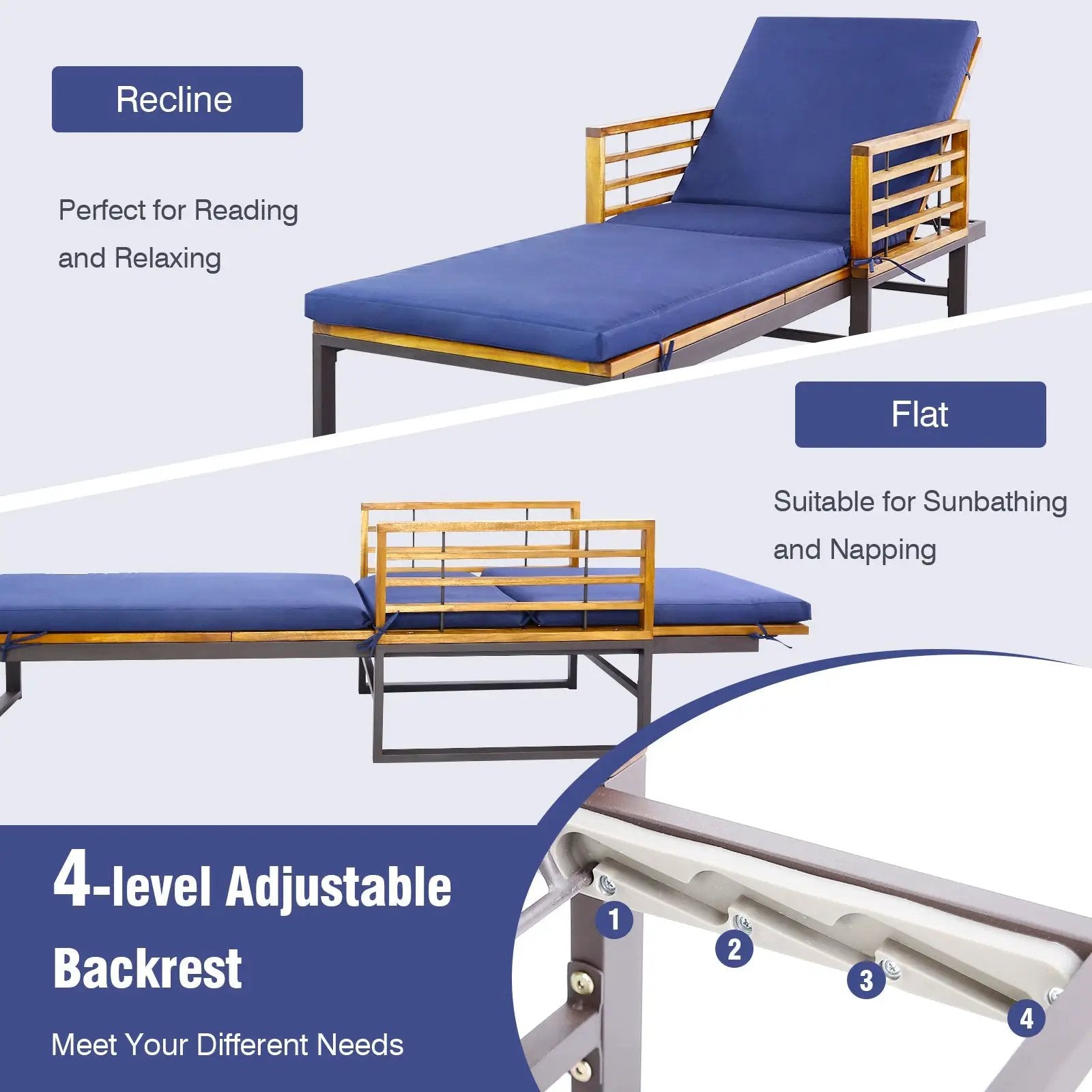 Adjustable Cushioned Patio Chaise Lounge Chair with 4-Level Backrest-Navy by DirectDeals