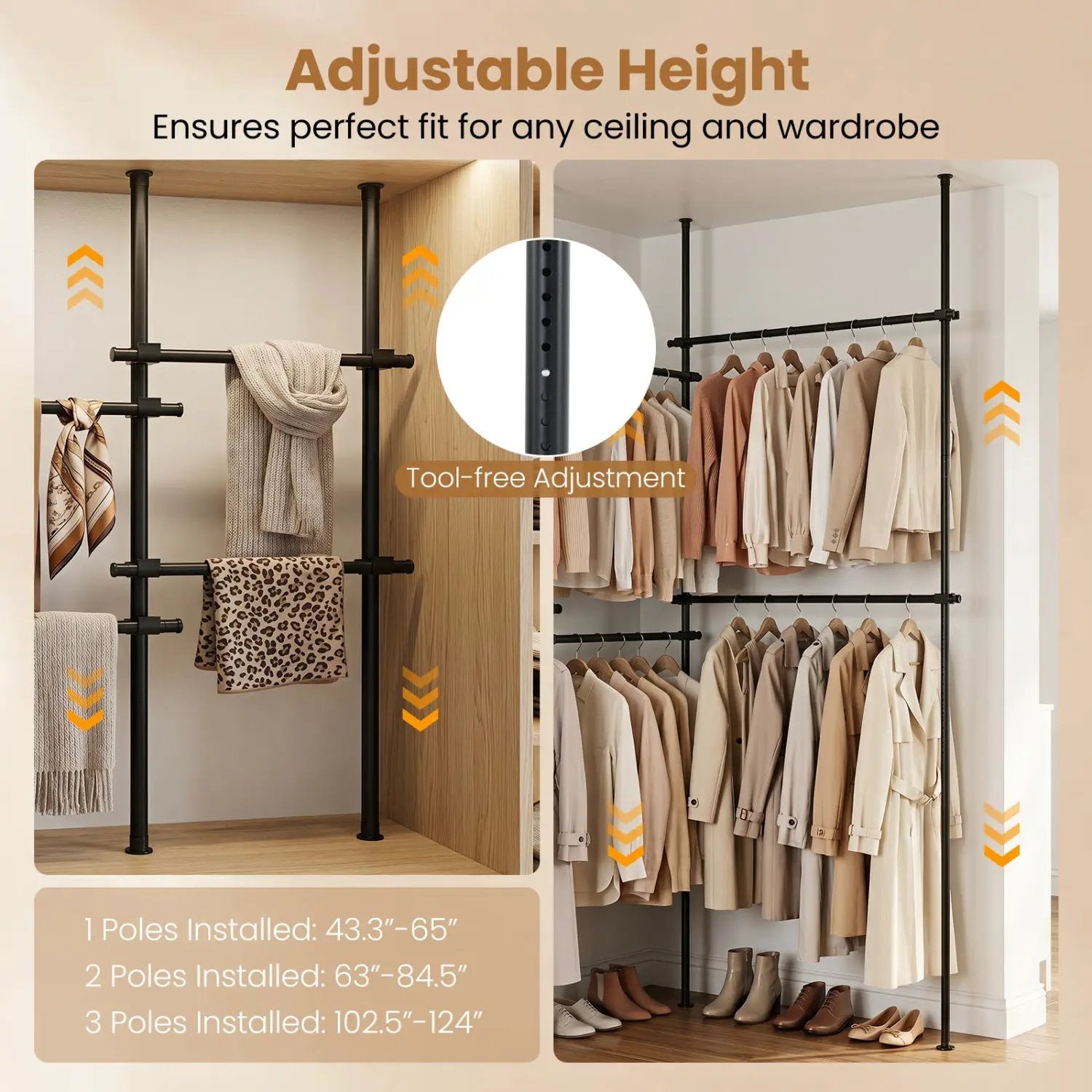 Floor to Ceiling Clothes Rack with 6 Adjustable Hanging Rods by DirectDeals