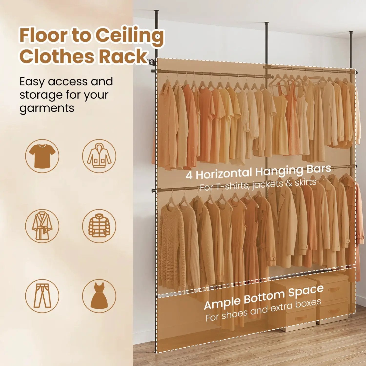 Floor to Ceiling Clothes Rack with 4 Adjustable Hanging Rods by DirectDeals