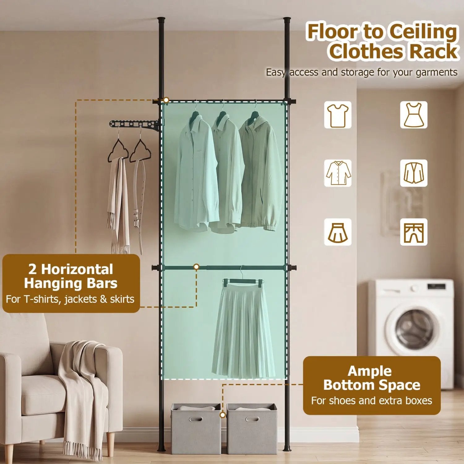 Floor to Ceiling Clothes Rack with 2 Hanging Rods - Adjustable by DirectDeals