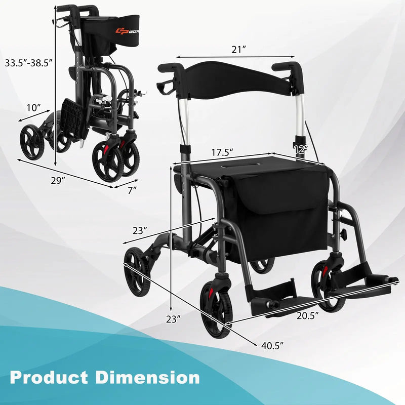 2-in-1 Adjustable Folding Handle Rollator Walker with Storage Space by DirectDeals