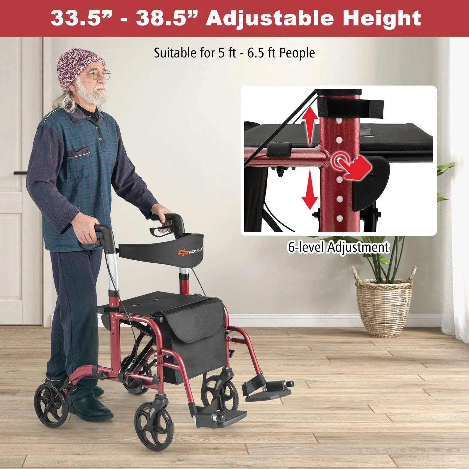 2-in-1 Adjustable Folding Handle Rollator Walker with Storage Space by DirectDeals