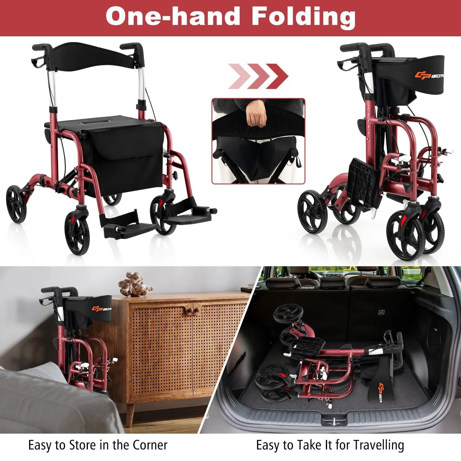 2-in-1 Adjustable Folding Handle Rollator Walker with Storage Space by DirectDeals
