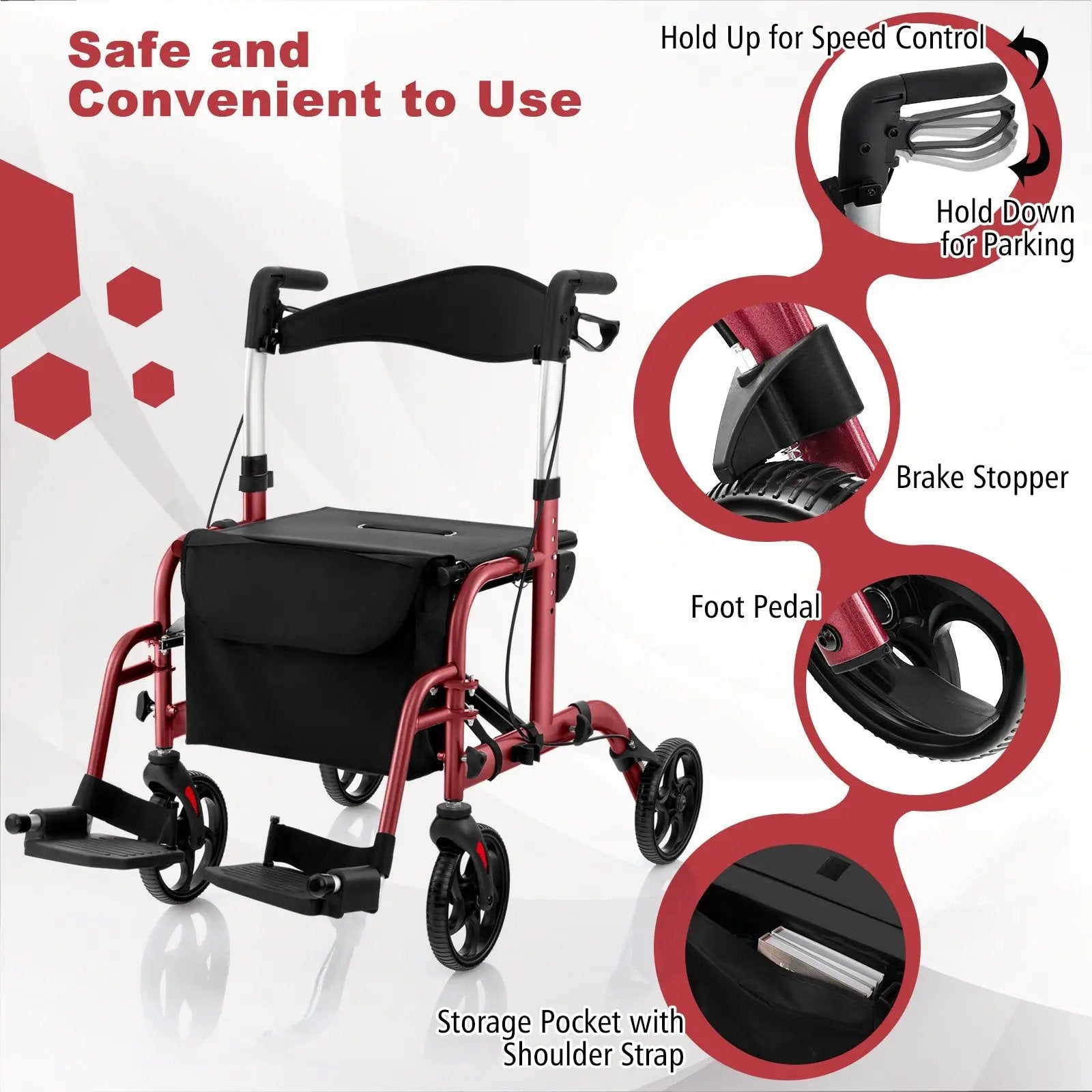 2-in-1 Adjustable Folding Handle Rollator Walker with Storage Space by DirectDeals