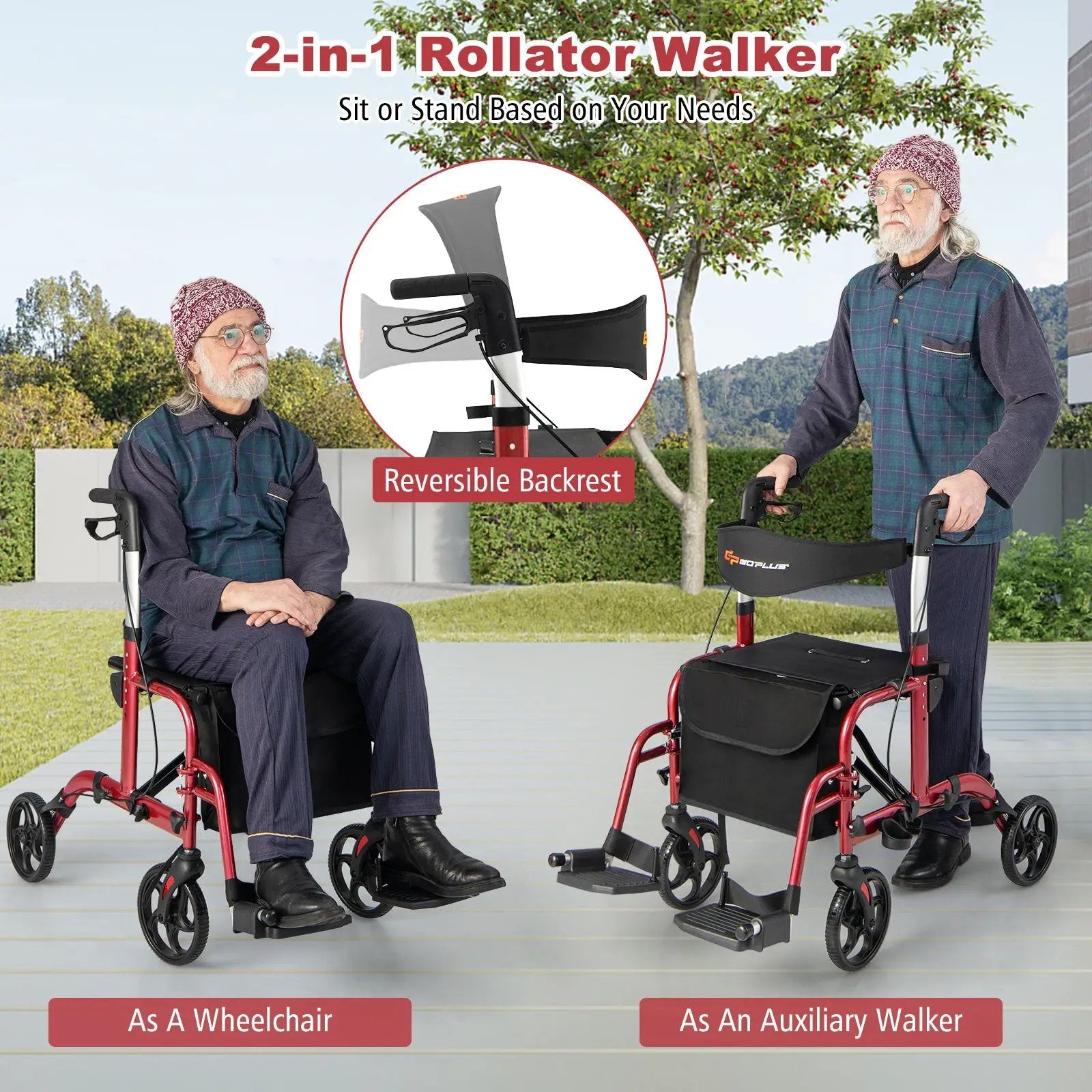 2-in-1 Adjustable Folding Handle Rollator Walker with Storage Space by DirectDeals