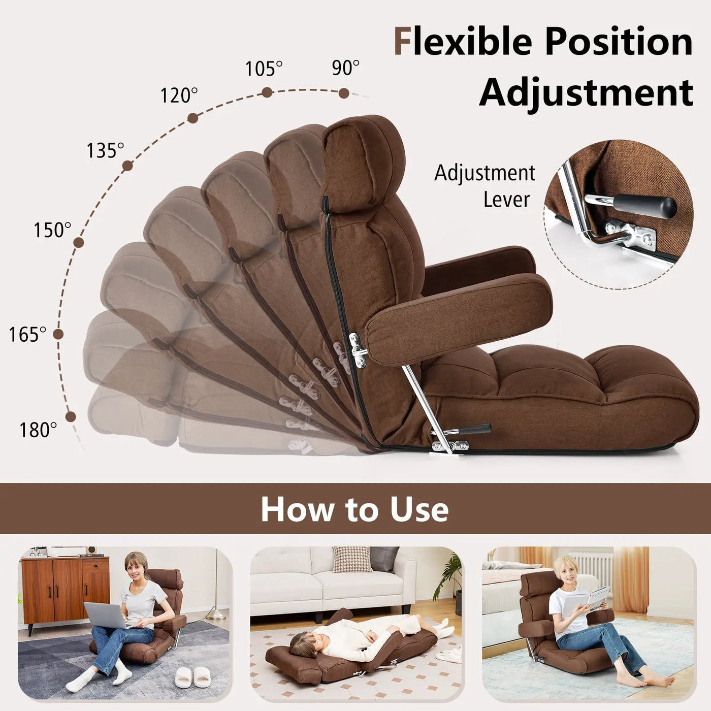 Adjustable Folding Sofa Chair with 6 Position Stepless Back by DirectDeals