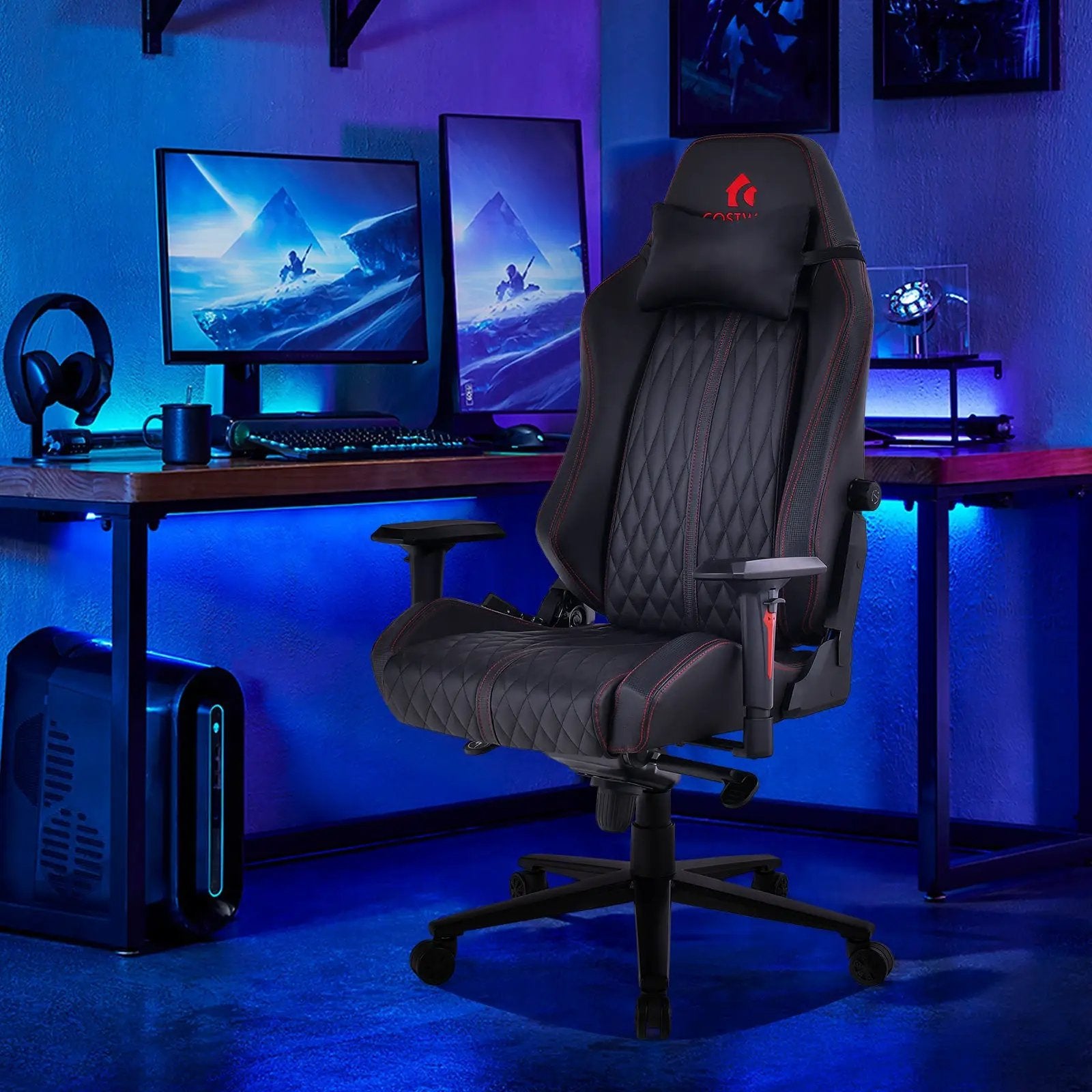 Adjustable Gaming Chair with Gas Lift 4D Armrest and Lumbar Support-Black by DirectDeals