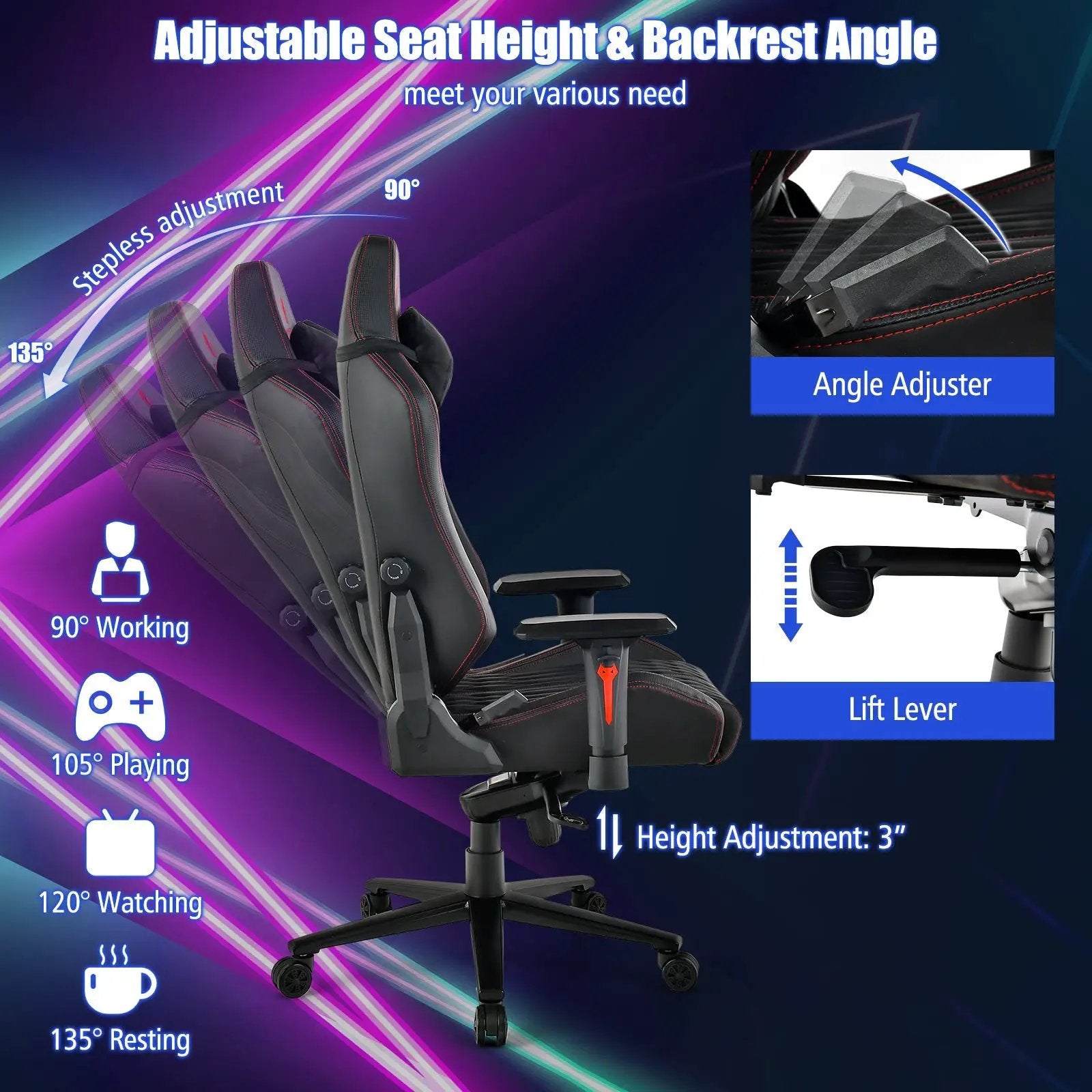 Adjustable Gaming Chair with Gas Lift 4D Armrest and Lumbar Support-Black by DirectDeals