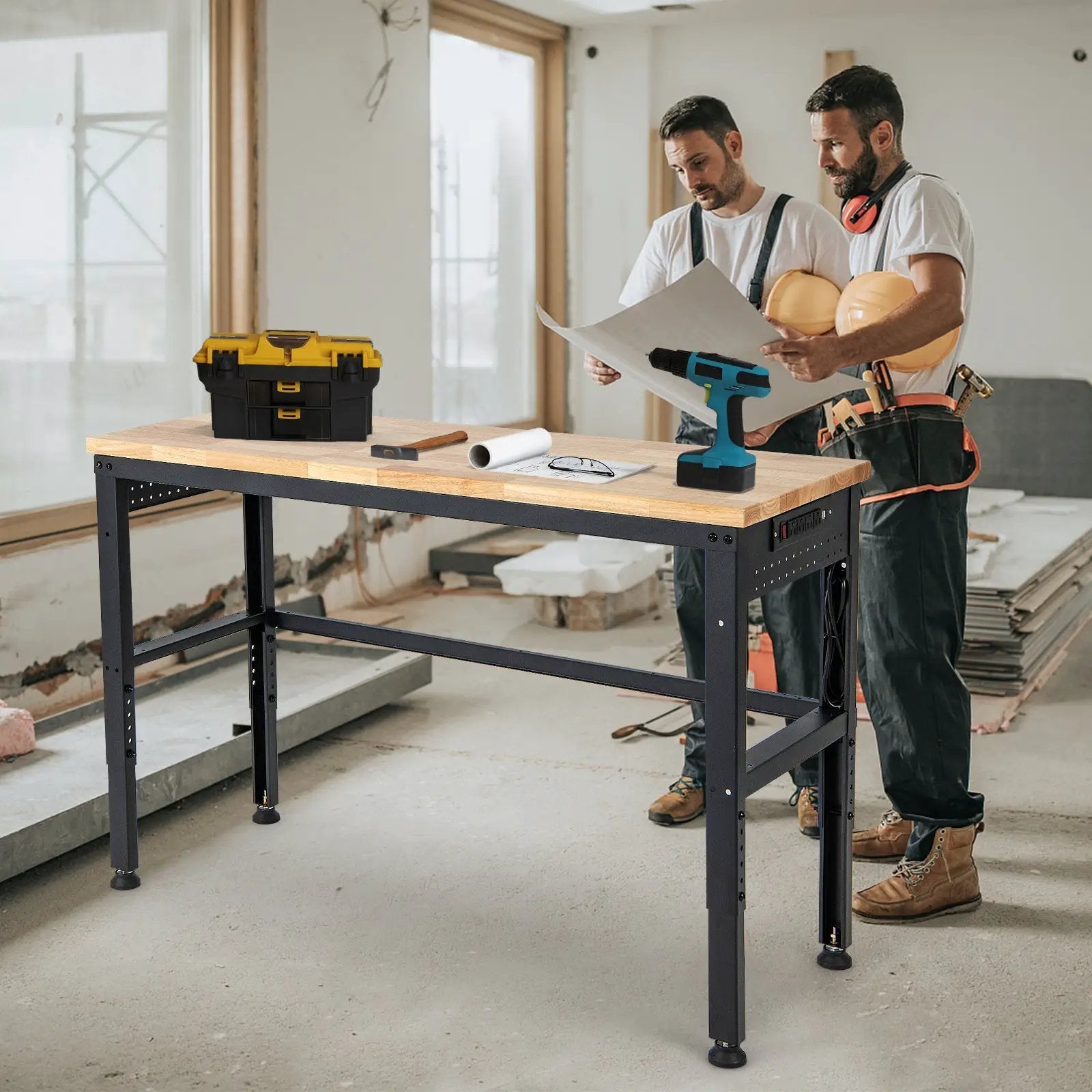 53 Inch Adjustable Heavy-Duty Workbench with Rubber Wood Top by DirectDeals