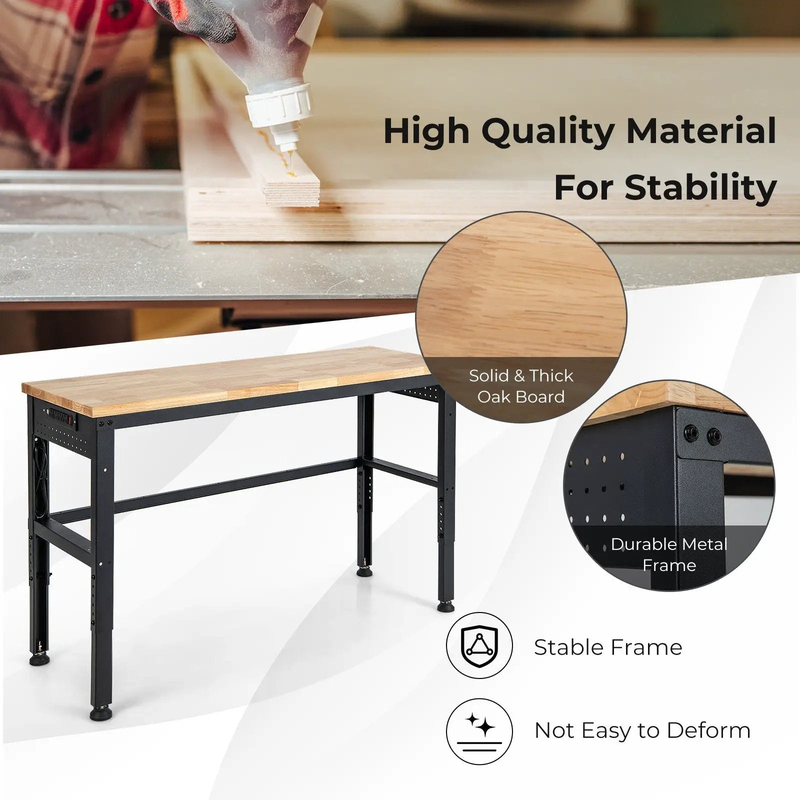 53 Inch Adjustable Heavy-Duty Workbench with Rubber Wood Top by DirectDeals