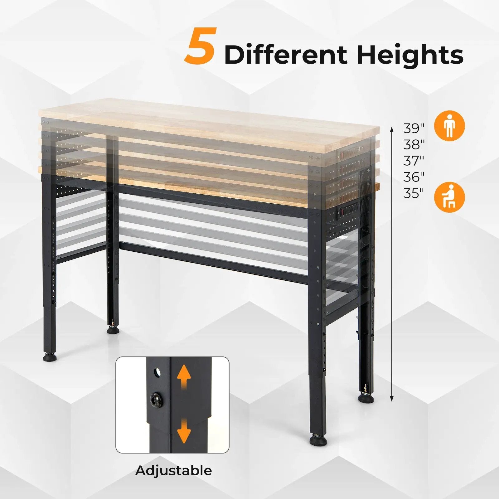 53 Inch Adjustable Heavy-Duty Workbench with Rubber Wood Top by DirectDeals