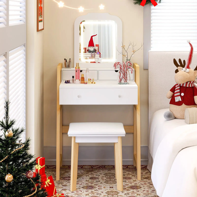 Adjustable Height Vanity Desk Set with 3-Color LED Lighted Mirror and Drawers-White by DirectDeals