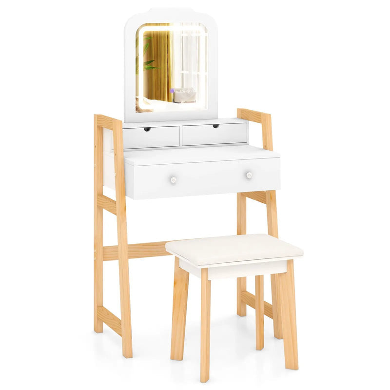 Adjustable Height Vanity Desk Set with 3-Color LED Lighted Mirror and Drawers-White by DirectDeals