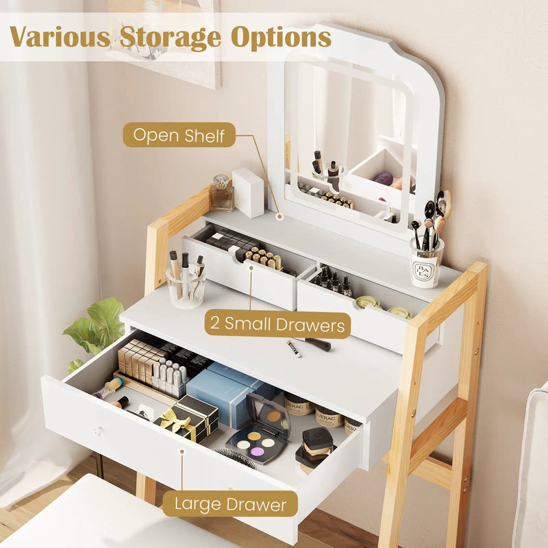 Adjustable Height Vanity Desk Set with 3-Color LED Lighted Mirror and Drawers-White by DirectDeals