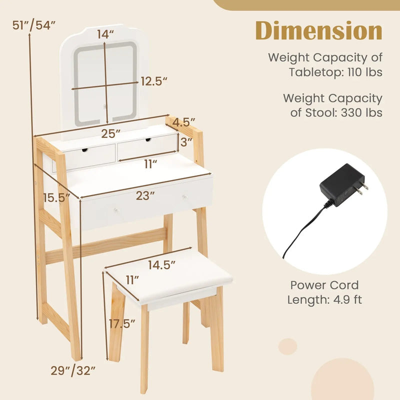Adjustable Height Vanity Desk Set with 3-Color LED Lighted Mirror and Drawers-White by DirectDeals
