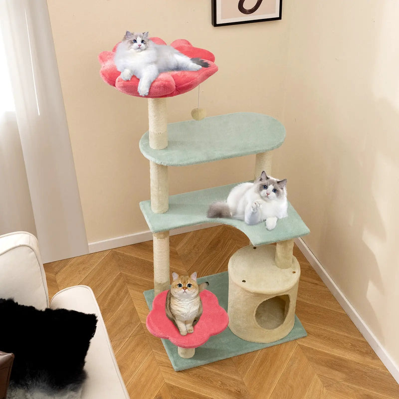 49 Inch Tall Multi-Level Aesthetic Floral Kitten Tower with Flower-Shaped Plush Padded Perch-Multicolor by DirectDeals