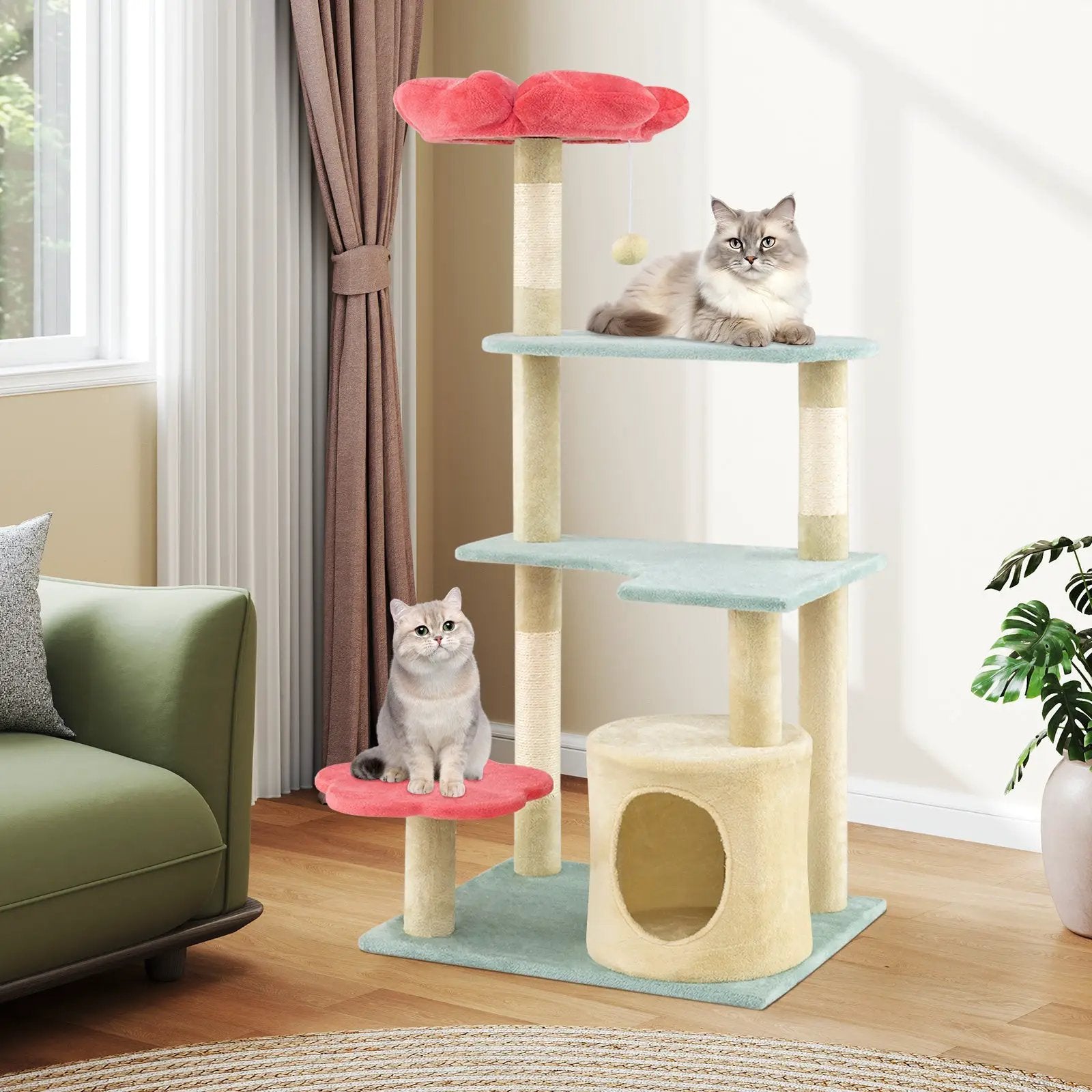 49 Inch Tall Multi-Level Aesthetic Floral Kitten Tower with Flower-Shaped Plush Padded Perch-Multicolor by DirectDeals