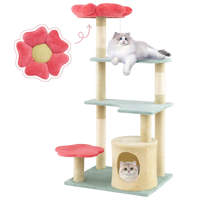 49 Inch Tall Multi-Level Aesthetic Floral Kitten Tower with Flower-Shaped Plush Padded Perch-Multicolor by DirectDeals