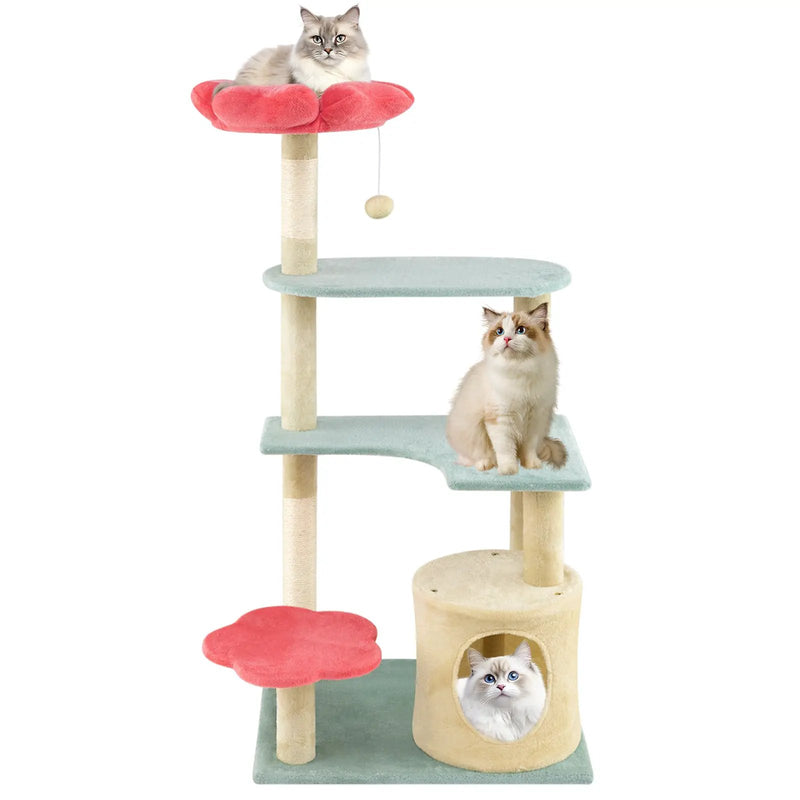 49 Inch Tall Multi-Level Aesthetic Floral Kitten Tower with Flower-Shaped Plush Padded Perch-Multicolor by DirectDeals
