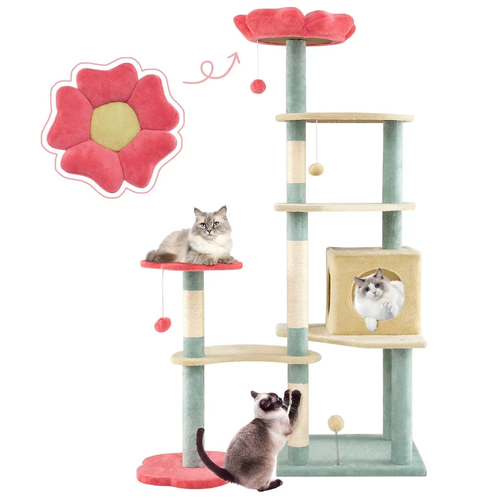 61 Inch Multi-Level Aesthetic Floral Kitten Tower with Flower-Shaped Padded Perch-Multicolor by DirectDeals
