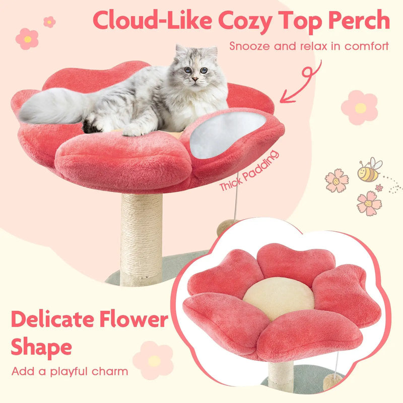 49 Inch Tall Multi-Level Aesthetic Floral Kitten Tower with Flower-Shaped Plush Padded Perch-Multicolor by DirectDeals