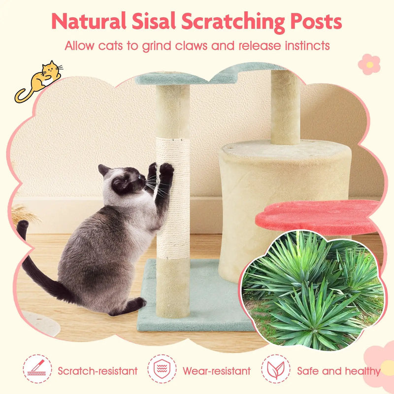 49 Inch Tall Multi-Level Aesthetic Floral Kitten Tower with Flower-Shaped Plush Padded Perch-Multicolor by DirectDeals