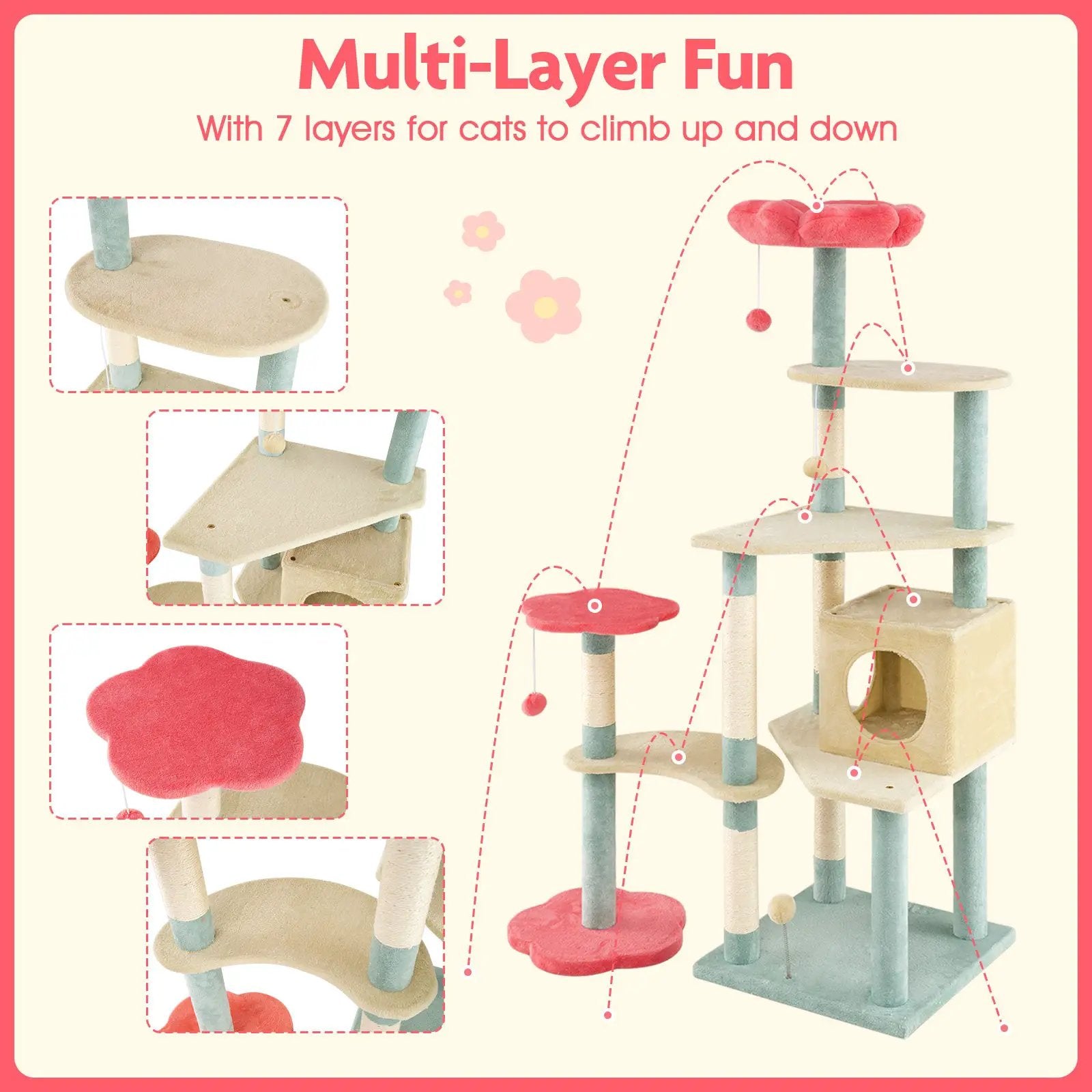 61 Inch Multi-Level Aesthetic Floral Kitten Tower with Flower-Shaped Padded Perch-Multicolor by DirectDeals