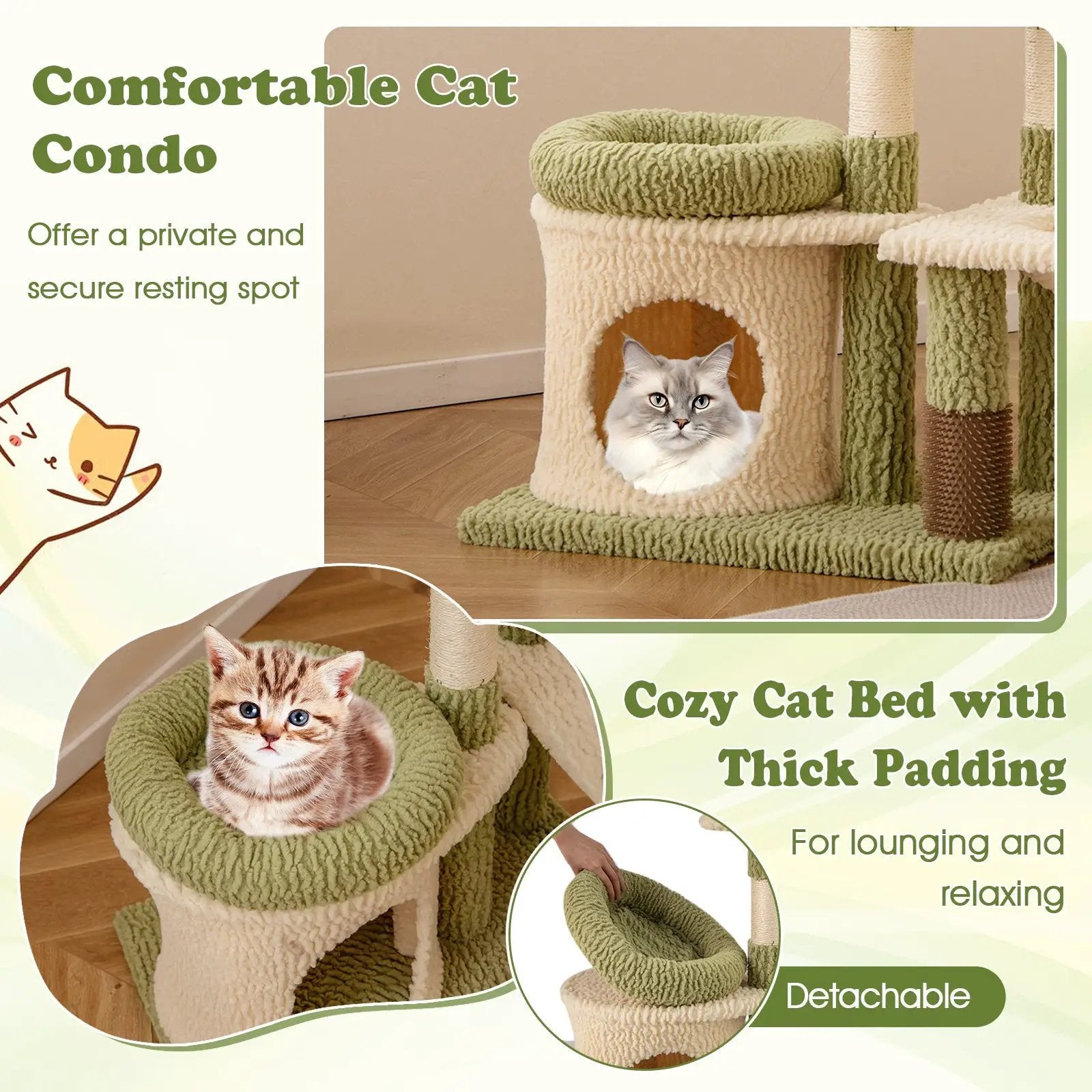 38 Inch Tall Multi-Level Aesthetic Kitten Tower with Condo and Bed-Green by DirectDeals