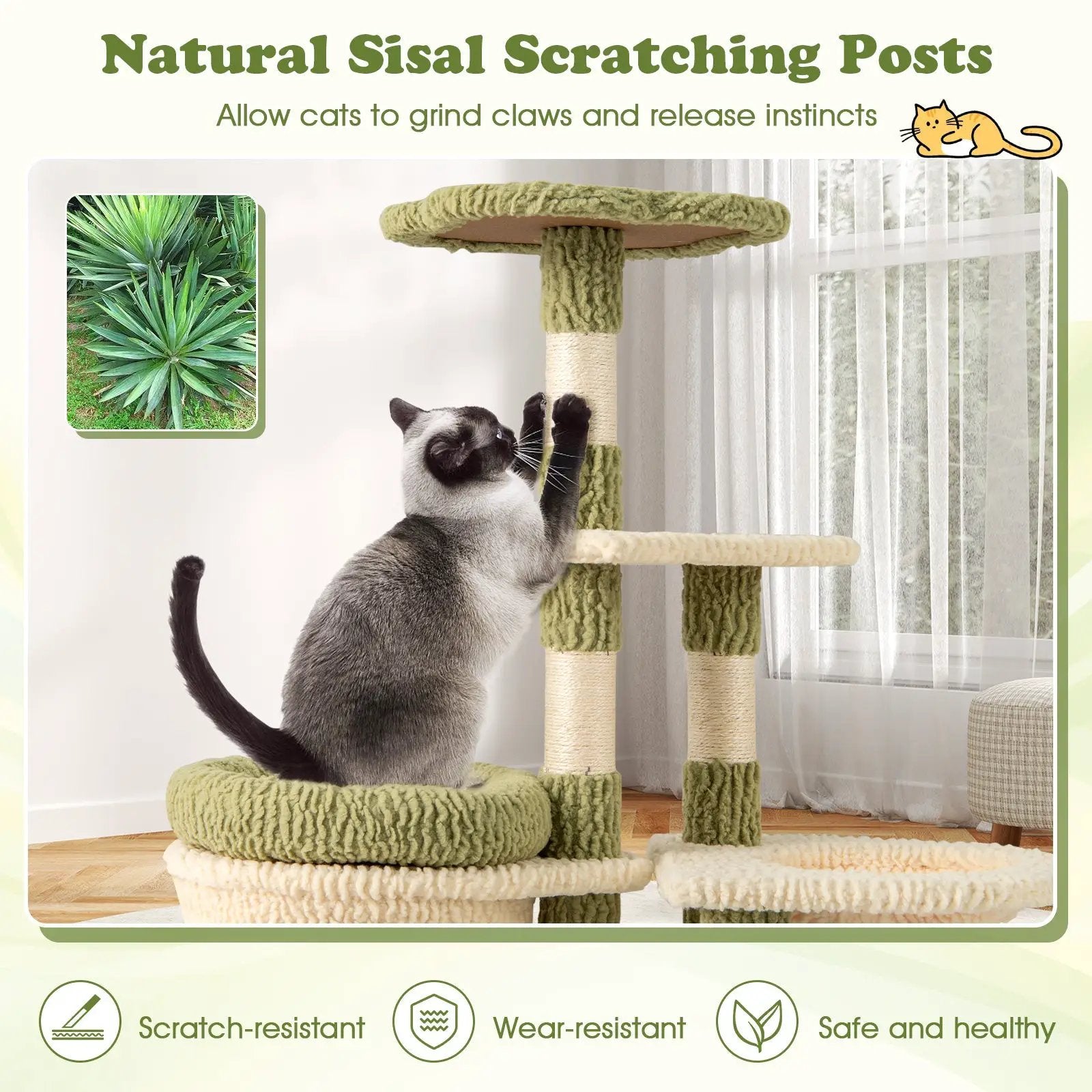 38 Inch Tall Multi-Level Aesthetic Kitten Tower with Condo and Bed-Green by DirectDeals