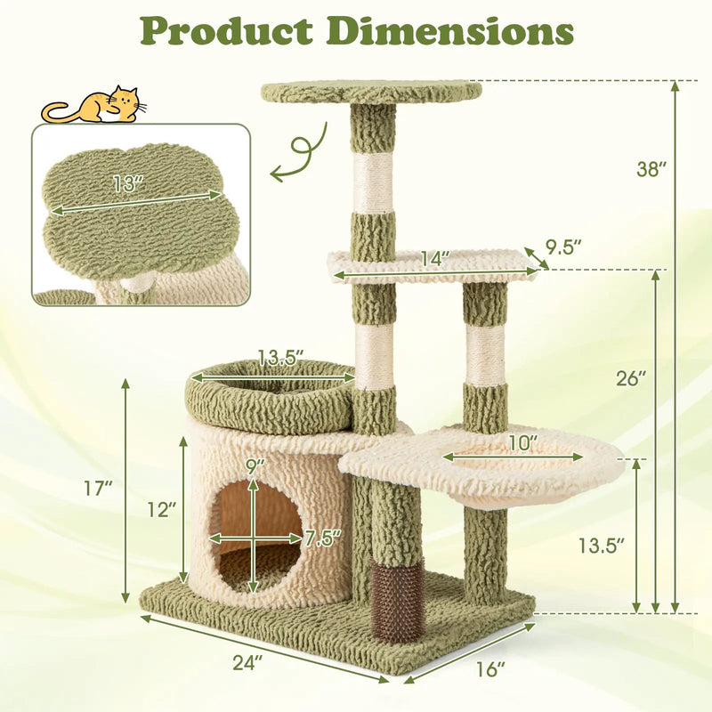 38 Inch Tall Multi-Level Aesthetic Kitten Tower with Condo and Bed-Green by DirectDeals