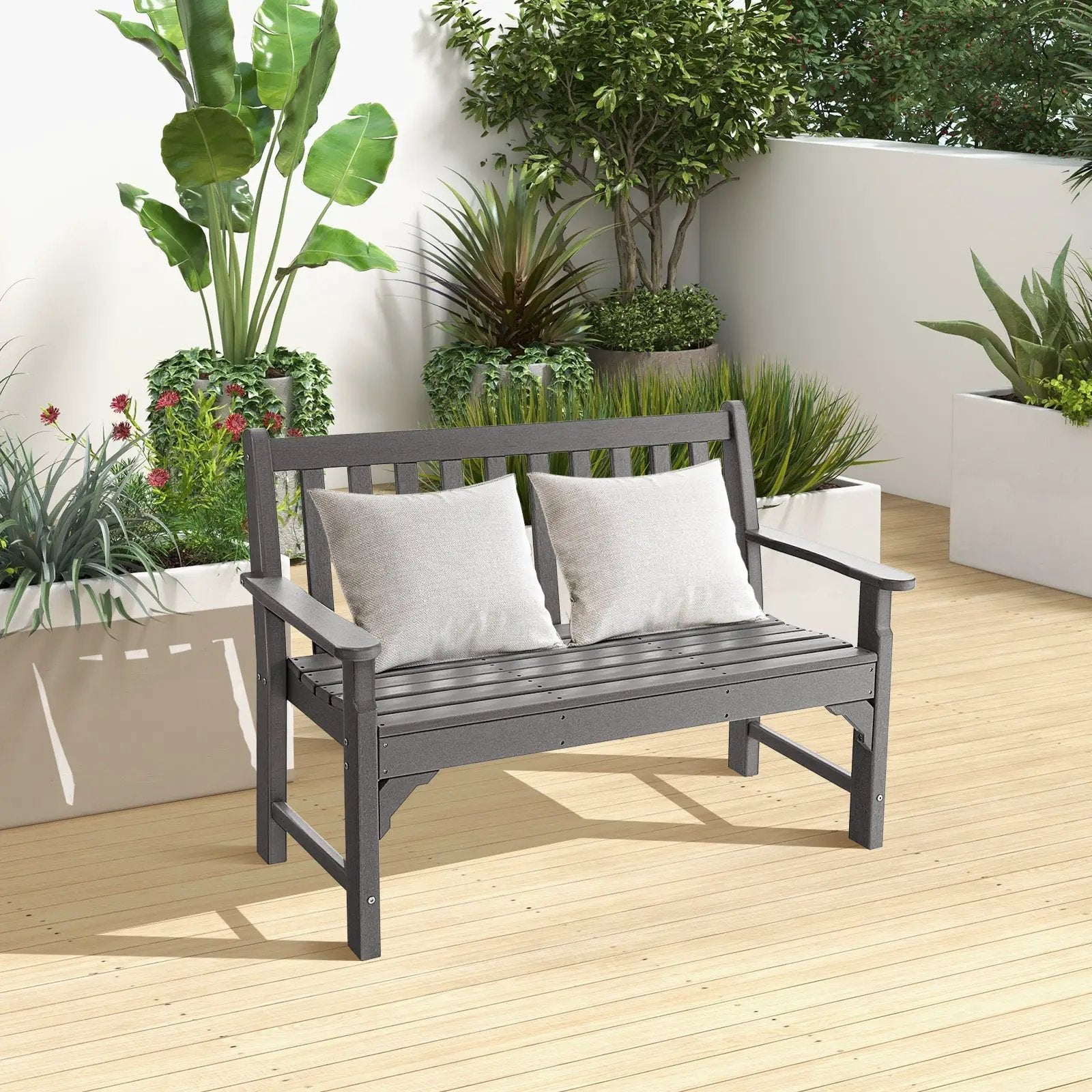All-Weather HDPE 2-Person Garden Bench with Backrest and Armrests-Gray by DirectDeals