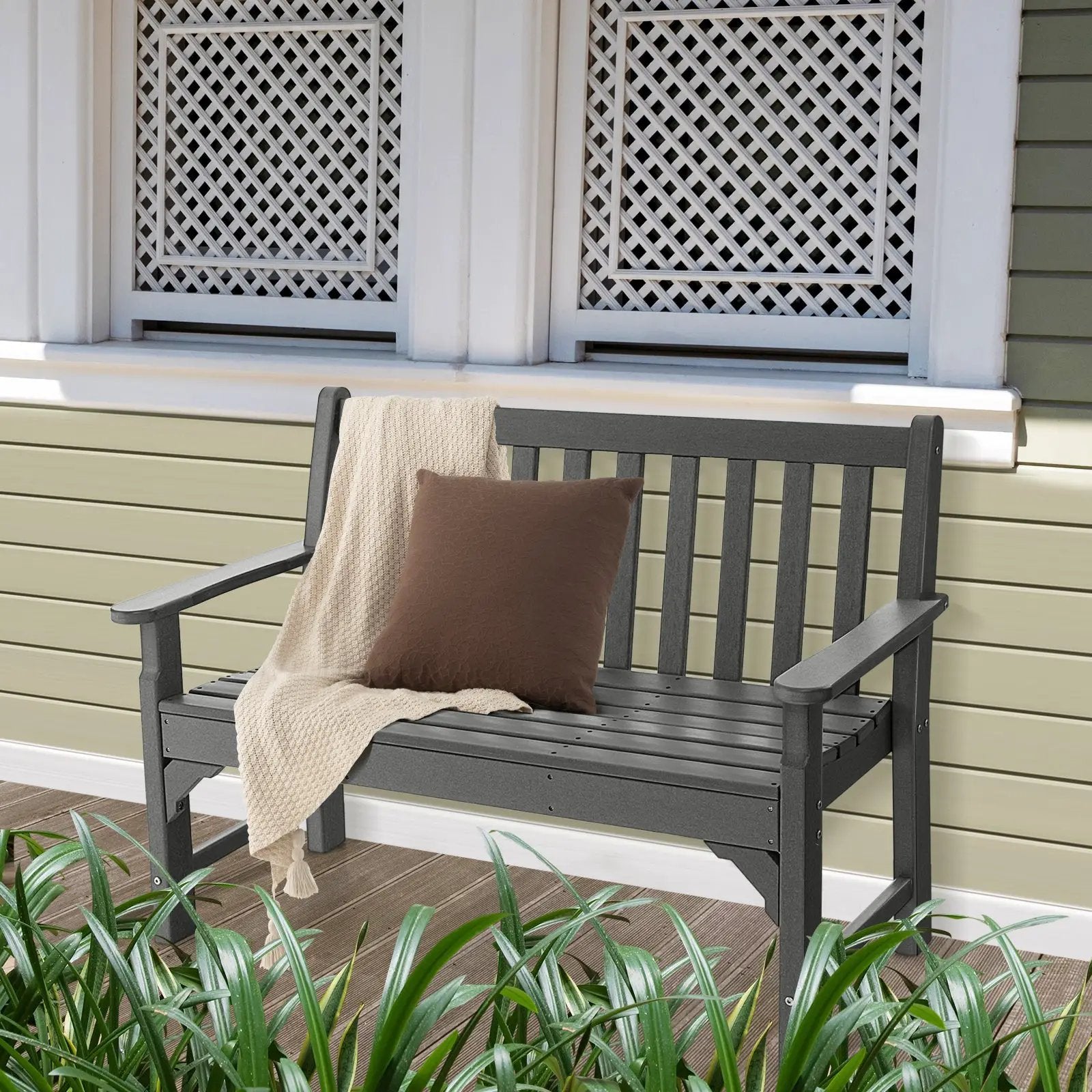 All-Weather HDPE 2-Person Garden Bench with Backrest and Armrests-Gray by DirectDeals