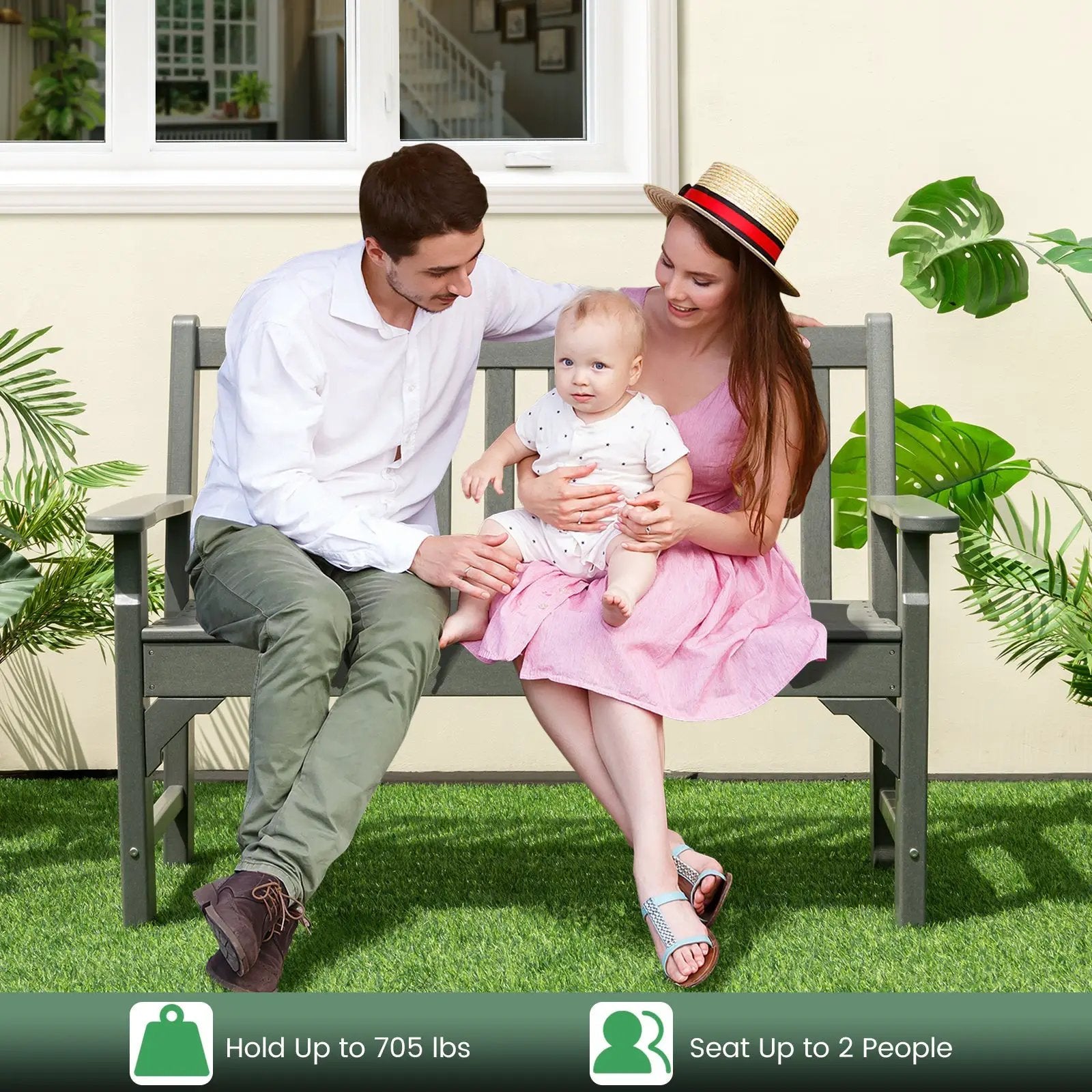 All-Weather HDPE 2-Person Garden Bench with Backrest and Armrests-Gray by DirectDeals