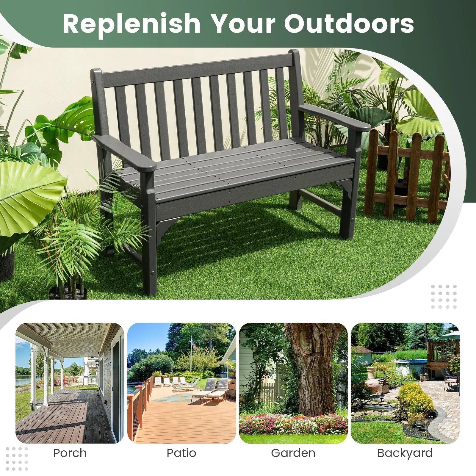 All-Weather HDPE 2-Person Garden Bench with Backrest and Armrests-Gray by DirectDeals