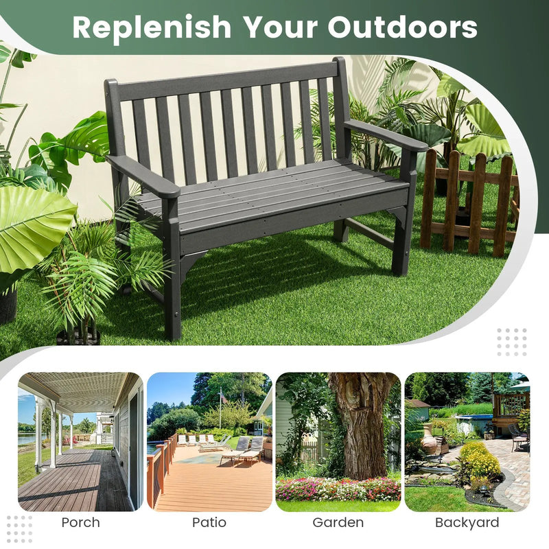 All-Weather HDPE 2-Person Garden Bench with Backrest and Armrests-Gray by DirectDeals