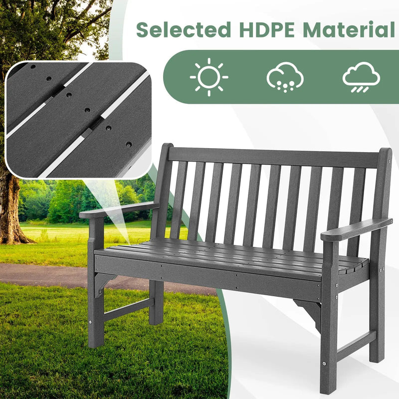 All-Weather HDPE 2-Person Garden Bench with Backrest and Armrests-Gray by DirectDeals