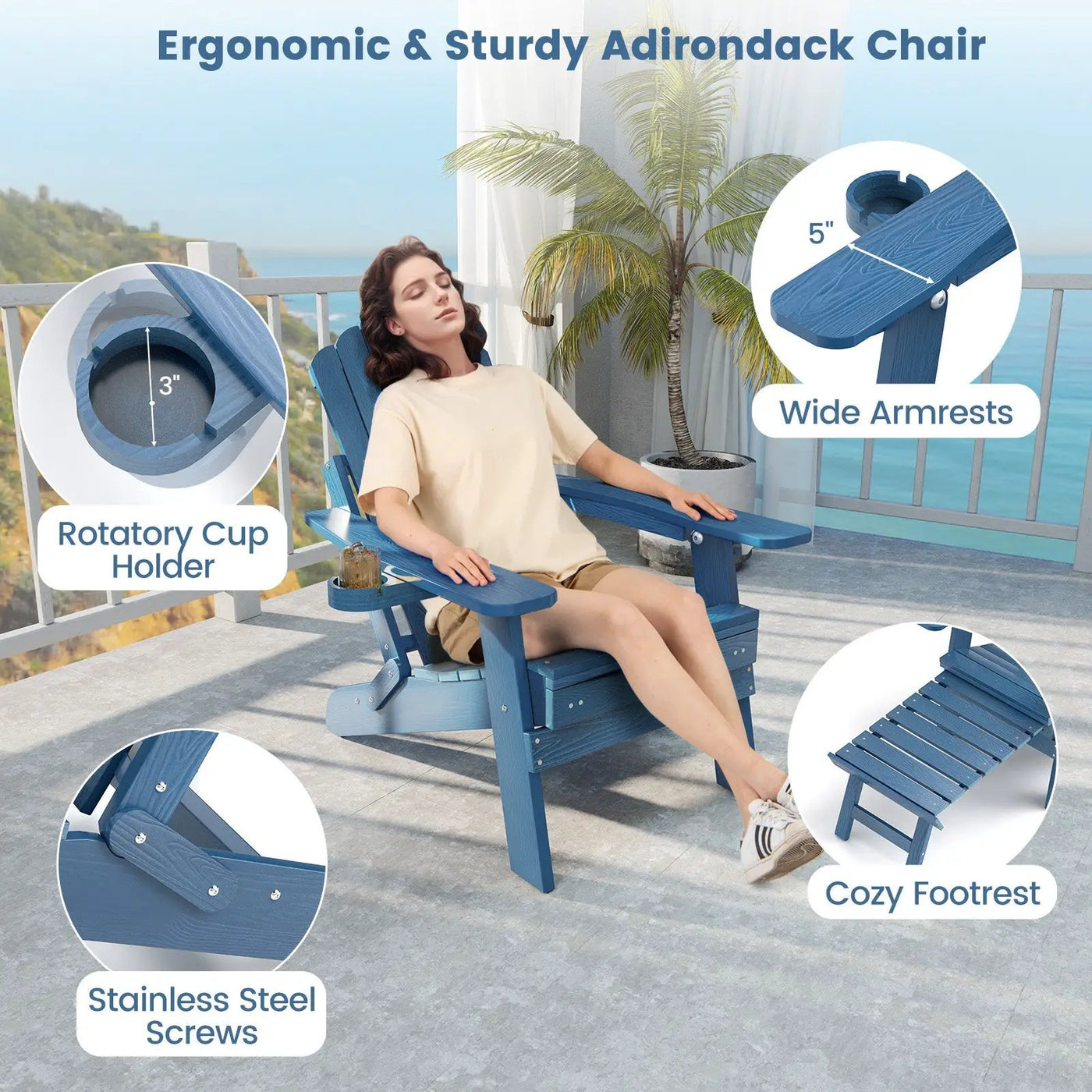 All-Weather HIPS Patio Adirondack Lounge Chair with Retractable Footrest by DirectDeals