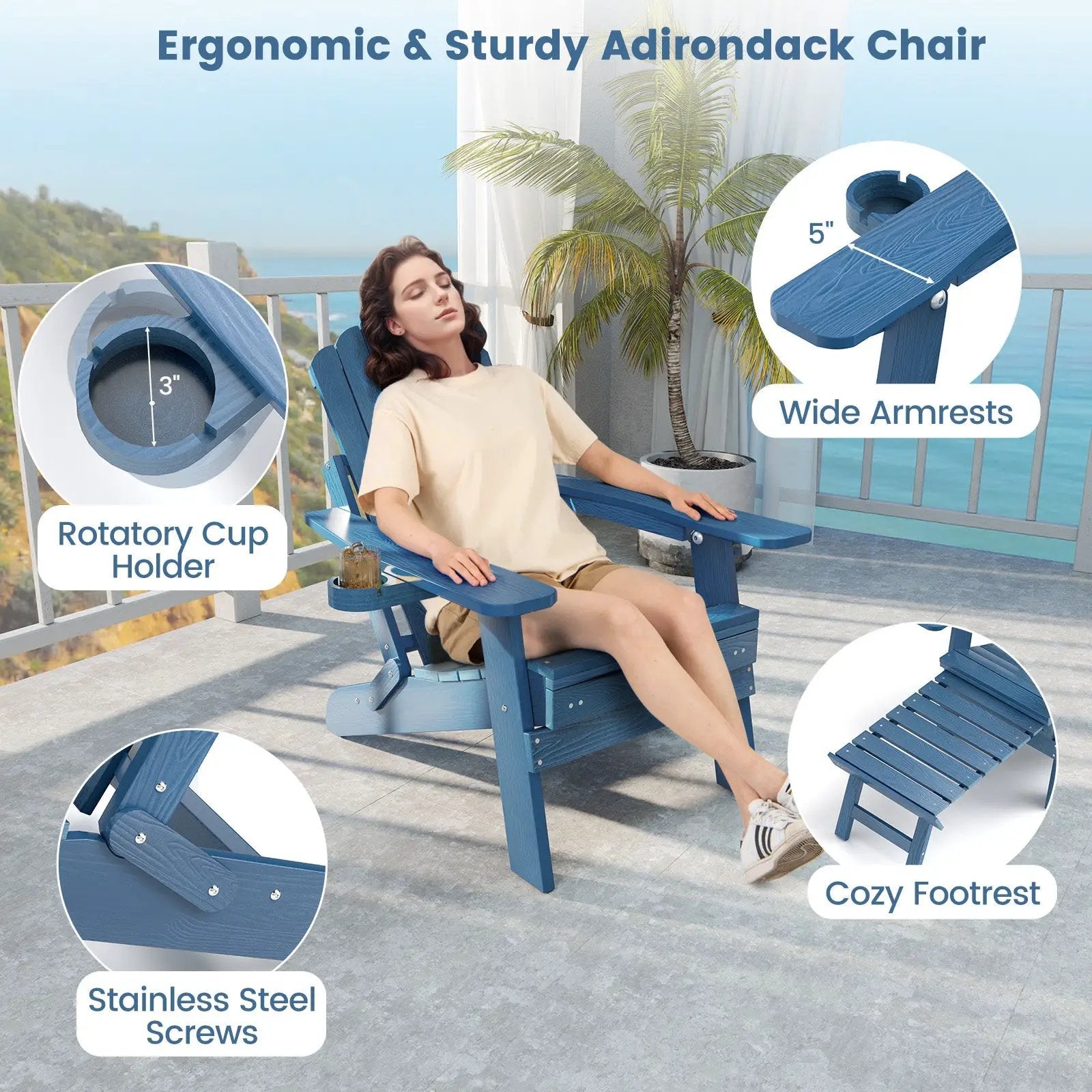 All-Weather HIPS Patio Adirondack Lounge Chair with Retractable Footrest by DirectDeals